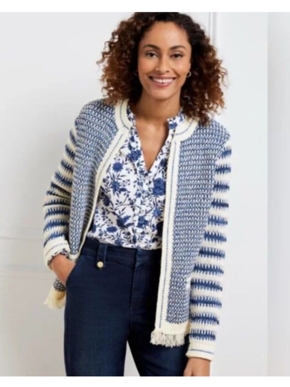 Talbot’s Navy and Ivory Mixed Stitch Cardigan, Size L